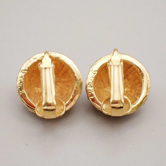 CHANEL CC Logo Rhinestone Round Button Earrings Clip-On Gold Vintage - Picture 16 of 16